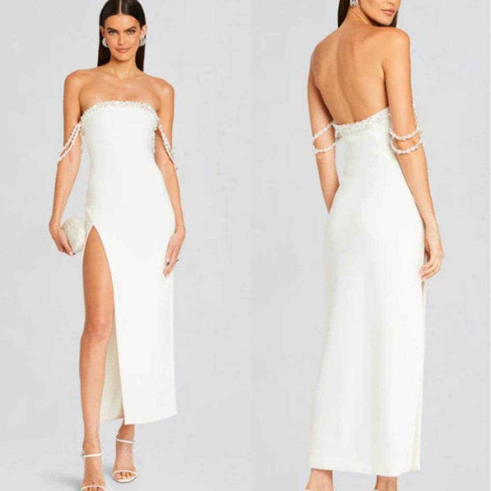 Retrofete White Strapless Maxi Dress with Pearl Arm Chains